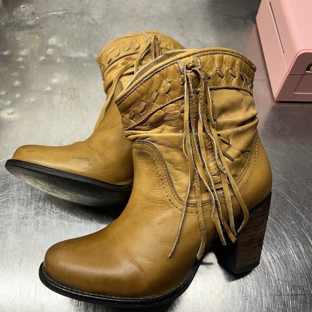 Naughty‎ Monkey Leather Women's Noe Fringe Tan Heeled Booties Size 6 - Picture 2 of 9